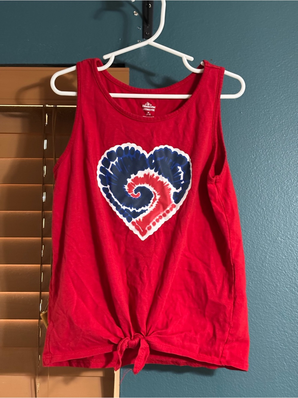 Girls' Red Tie-Front Tank Top with Blue & White Tie Dye Heart